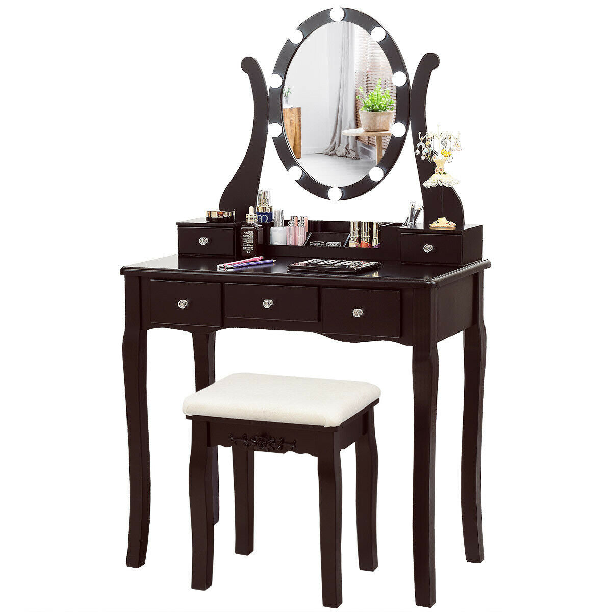 10 Dimmable Lights Vanity Table Set, Lighted Mirror, Cushioned Stool, Brown Makeup Vanities at Gallery Canada