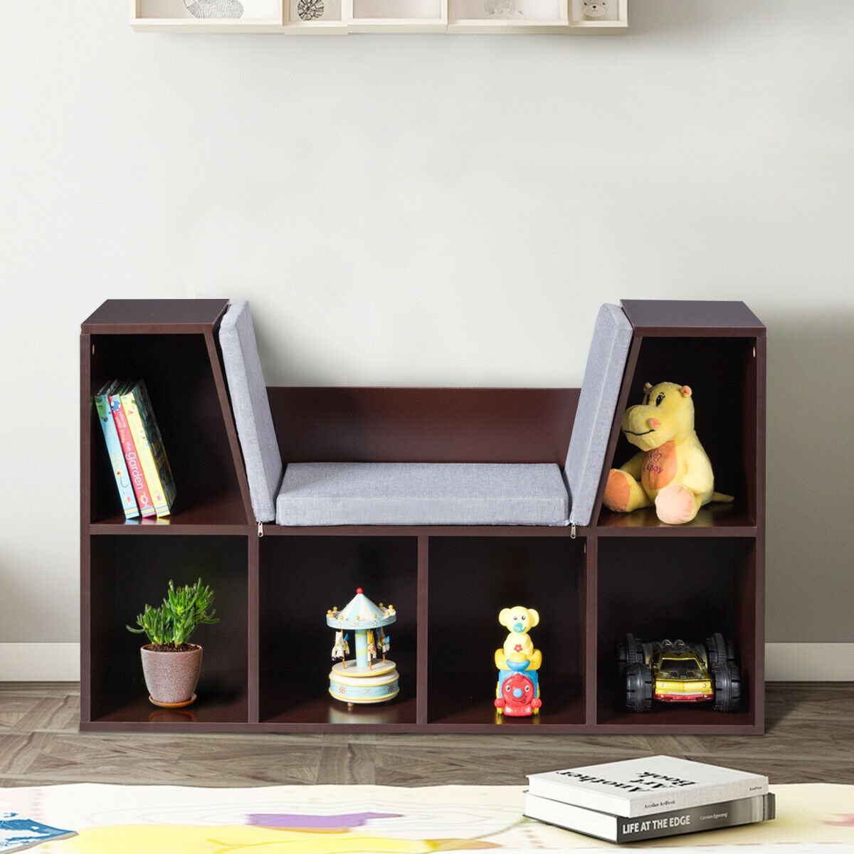6-Cubby Kid Storage Bookcase Cushioned Reading Nook, Brown at Gallery Canada