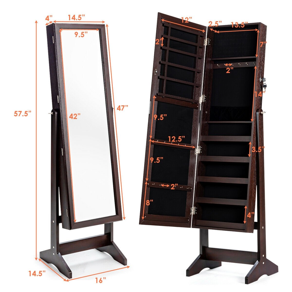 Jewelry Cabinet Stand Mirror Armoire with Large Storage Box, Brown at Gallery Canada