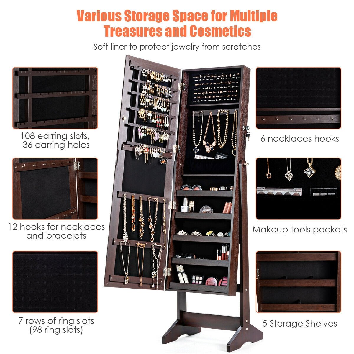 Jewelry Cabinet Stand Mirror Armoire with Large Storage Box, Brown at Gallery Canada