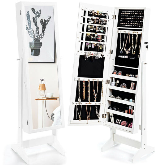 Jewelry Cabinet Stand Mirror Armoire with Large Storage Box, White
