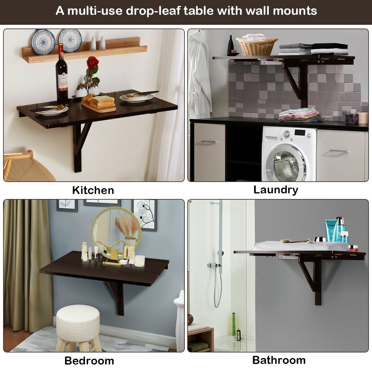 Space Saver Folding Wall-Mounted Drop-Leaf Table, Brown at Gallery Canada