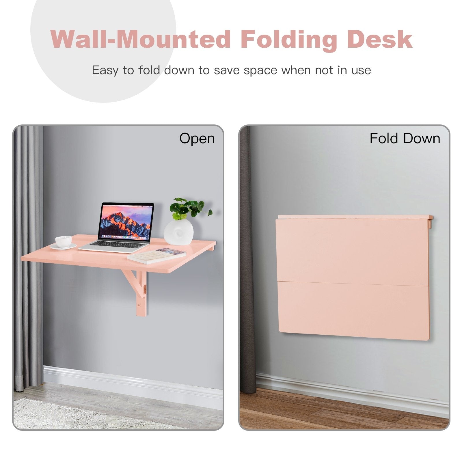 Space Saver Folding Wall-Mounted Drop-Leaf Table, Pink at Gallery Canada