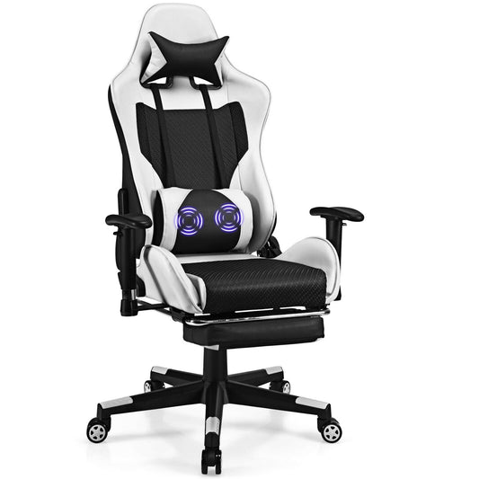 PU Leather Gaming Chair with USB Massage Lumbar Pillow and Footrest, White at Gallery Canada