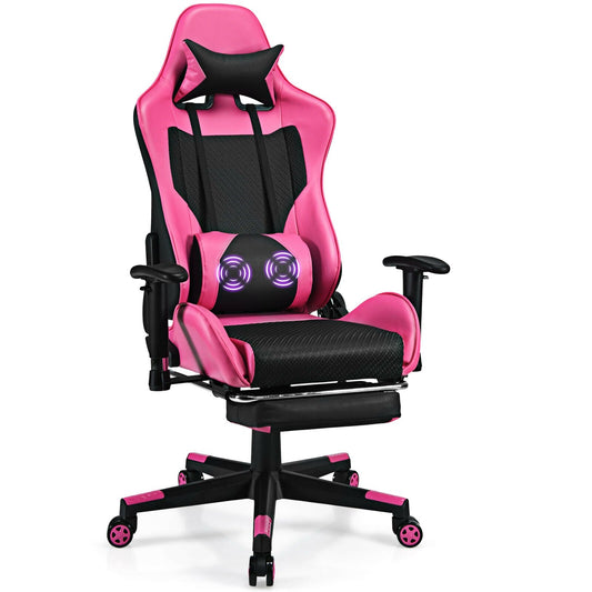 PU Leather Gaming Chair with USB Massage Lumbar Pillow and Footrest, Pink at Gallery Canada
