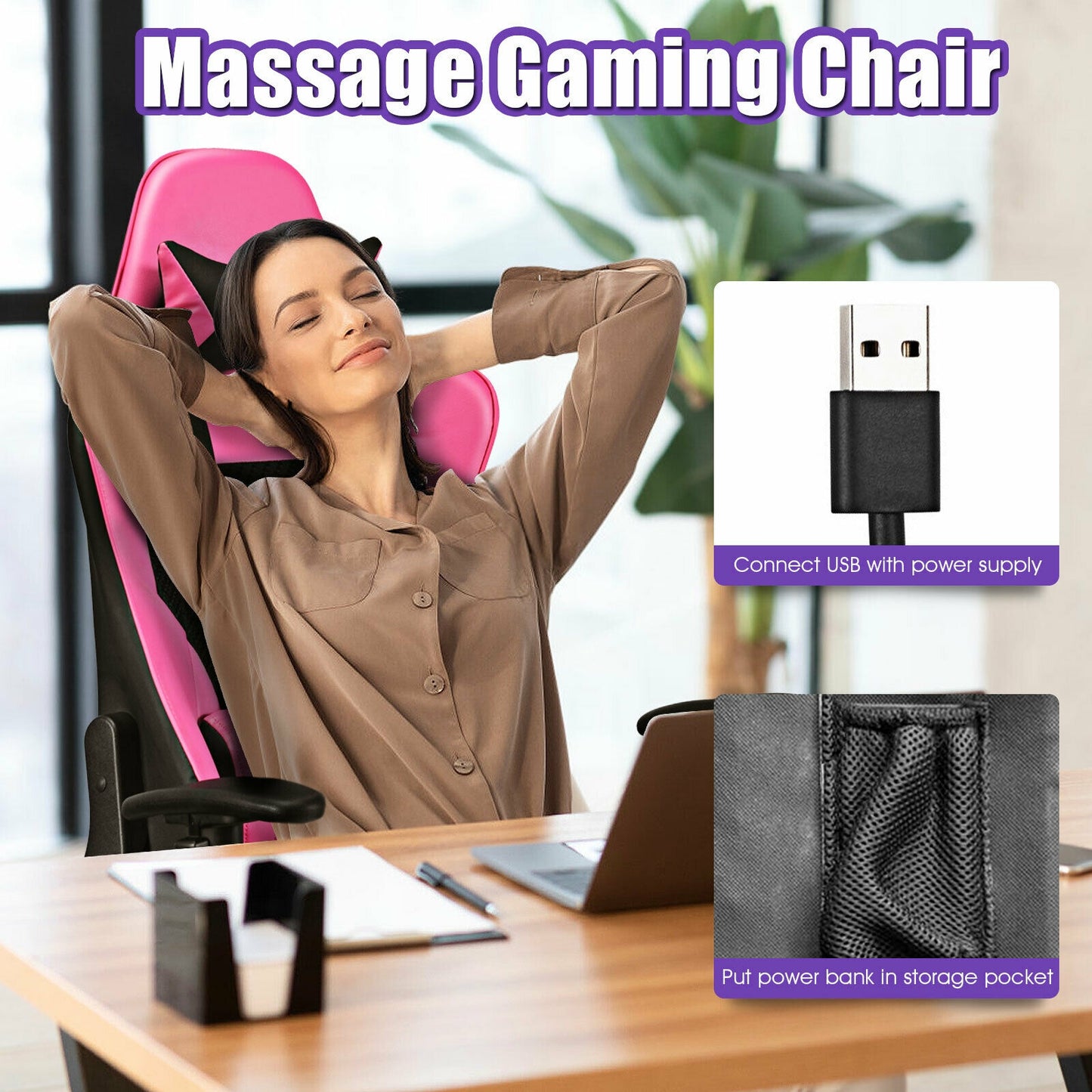 PU Leather Gaming Chair, USB Massage Lumbar Pillow, Footrest, Pink Gaming Chairs at Gallery Canada