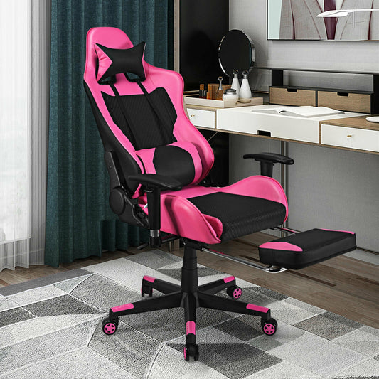 PU Leather Gaming Chair, USB Massage Lumbar Pillow, Footrest, Pink Gaming Chairs Pink at Gallery Canada