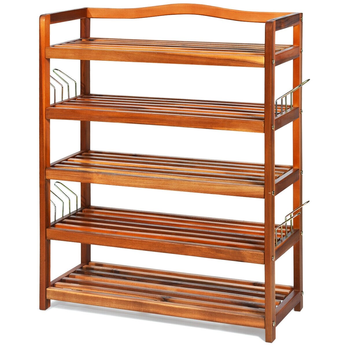 5-Tier Acacia Wood Shoe Rack with Side Metal Hooks, Natural at Gallery Canada