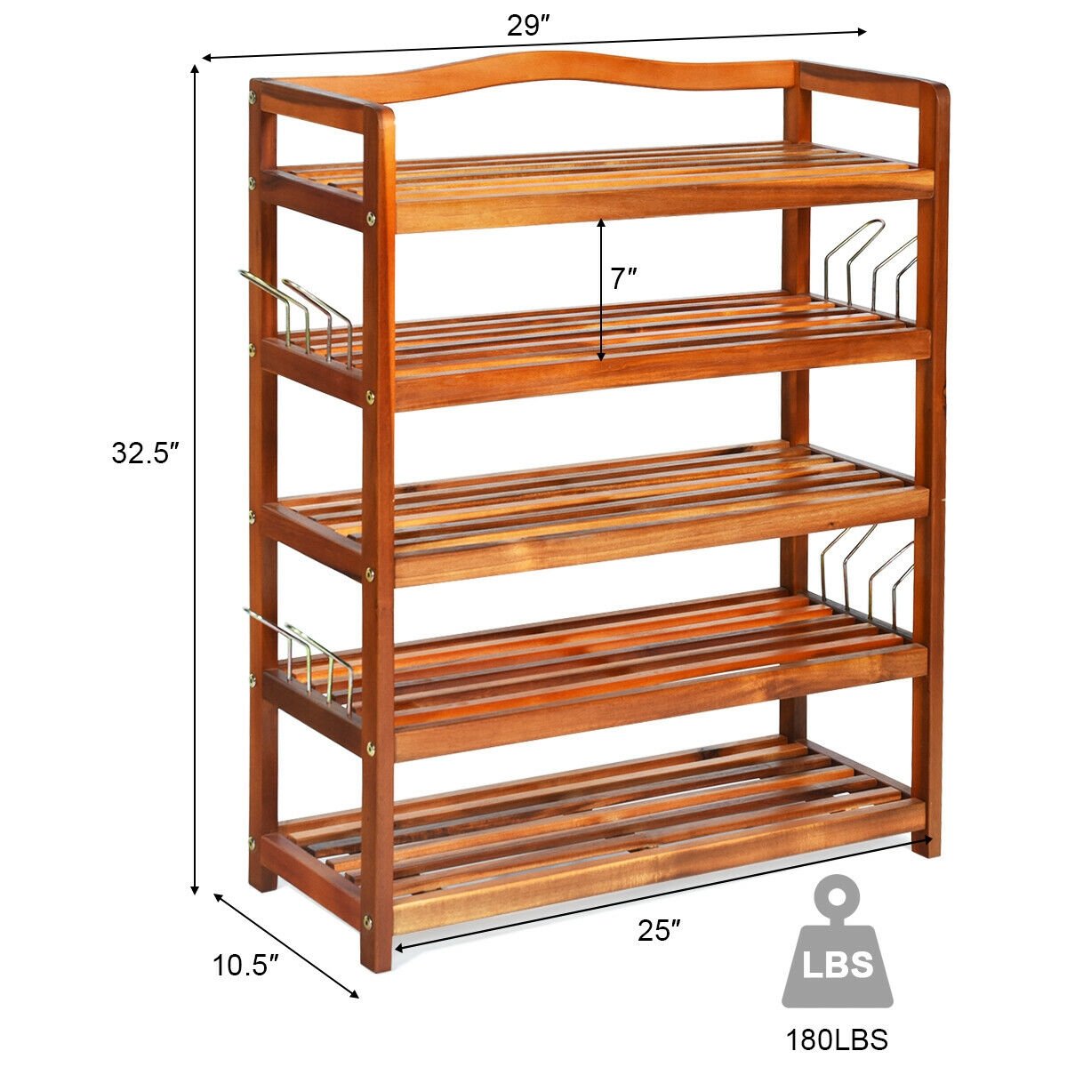 5-Tier Acacia Wood Shoe Rack with Side Metal Hooks, Natural at Gallery Canada