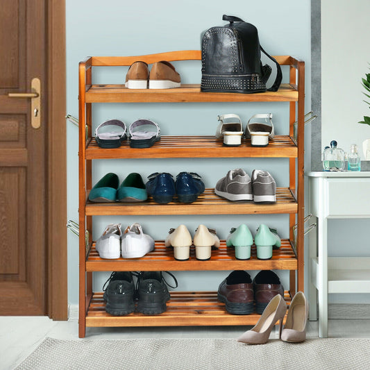5-Tier Acacia Wood Shoe Rack With Side Metal Hooks, Natural