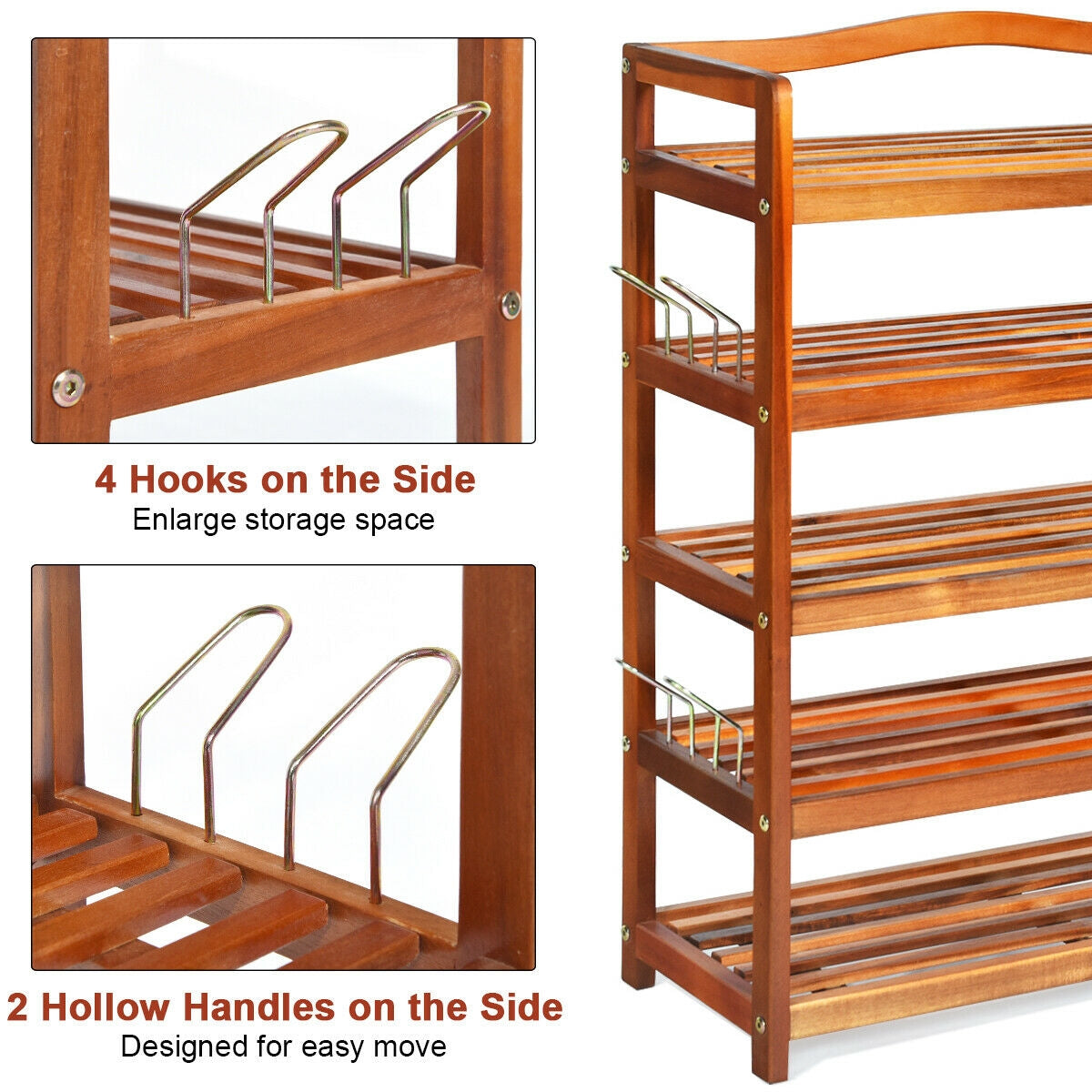 5-Tier Acacia Wood Shoe Rack With Side Metal Hooks, Natural