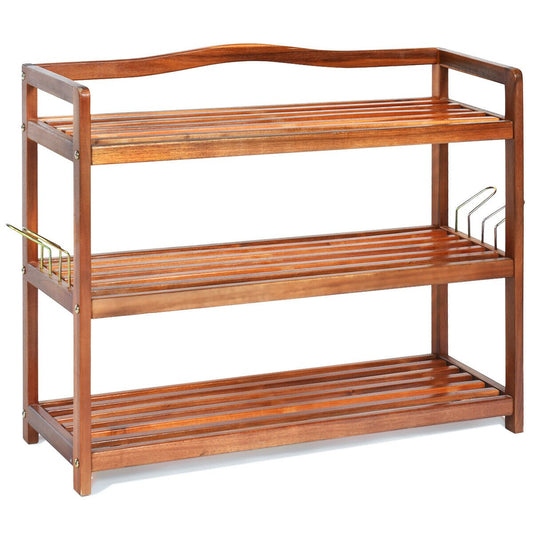 3-Tier Acacia Wood Shoe Rack with Side Metal Hooks, Natural
