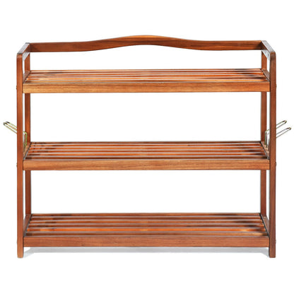 3-Tier Acacia Wood Shoe Rack with Side Metal Hooks, Natural at Gallery Canada