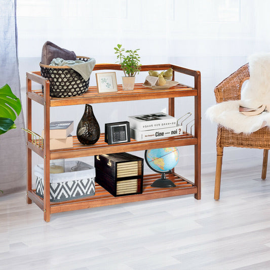 3-Tier Acacia Wood Shoe Rack, With Side Metal Hooks, Natural Shoe Racks & Storage Benches Natural at Gallery Canada