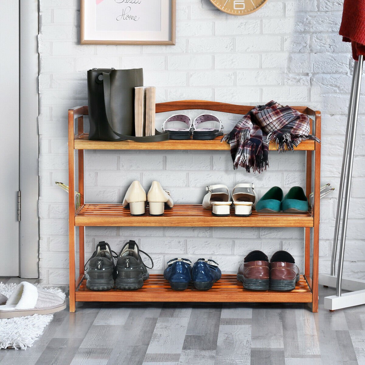 3-Tier Acacia Wood Shoe Rack with Side Metal Hooks, Natural at Gallery Canada