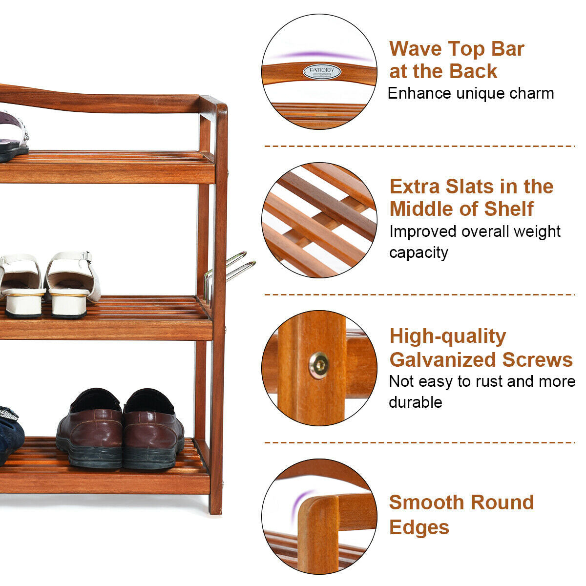 3-Tier Acacia Wood Shoe Rack with Side Metal Hooks, Natural Shoe Racks & Storage Benches at Gallery Canada