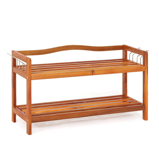 2-Tier Acacia Wood Shoe Rack with 4 Side Metal Hooks, Natural