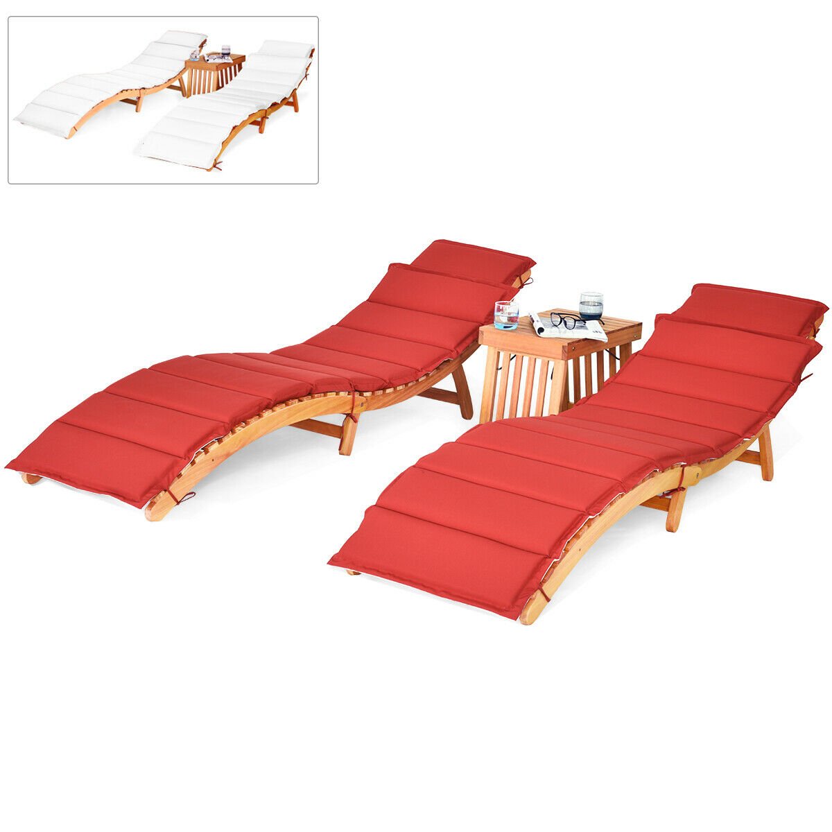 3 Pieces of Wooden Folding Patio Lounge Chair Table Set, Red at Gallery Canada