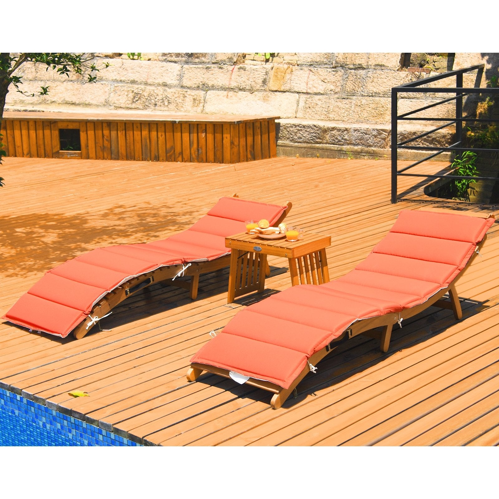 3 Pieces of Wooden Folding Patio Lounge Chair Table Set, Red at Gallery Canada