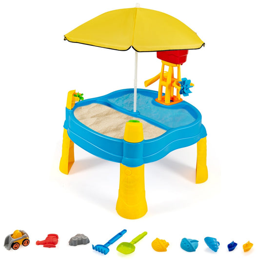 Kids Sand and Water Table for Toddlers with Umbrella and 18 Pieces Accessory Set, Multicolor