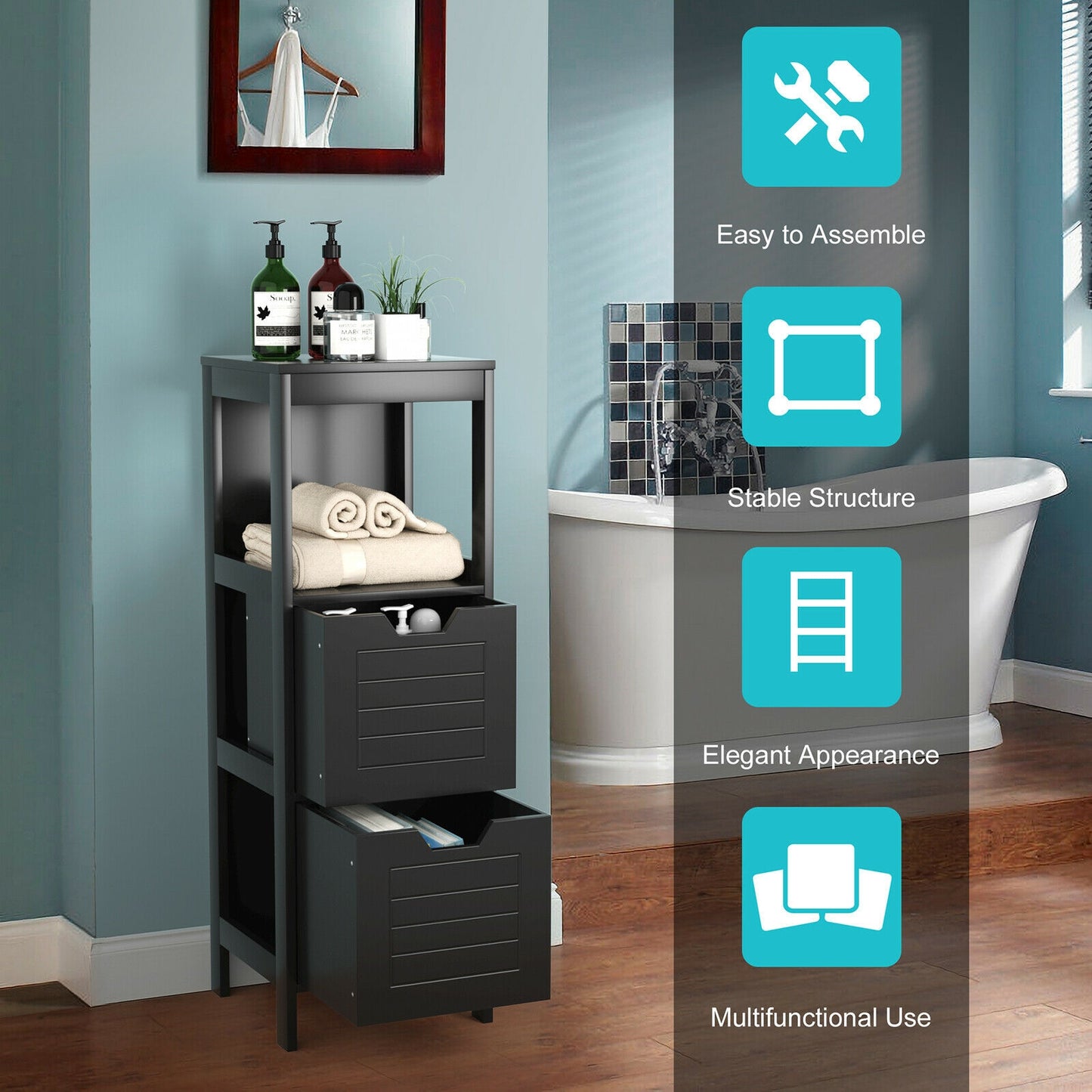 Wooden Bathroom Floor Cabinet, Storage Rack Organizer, Black Floor Cabinets at Gallery Canada