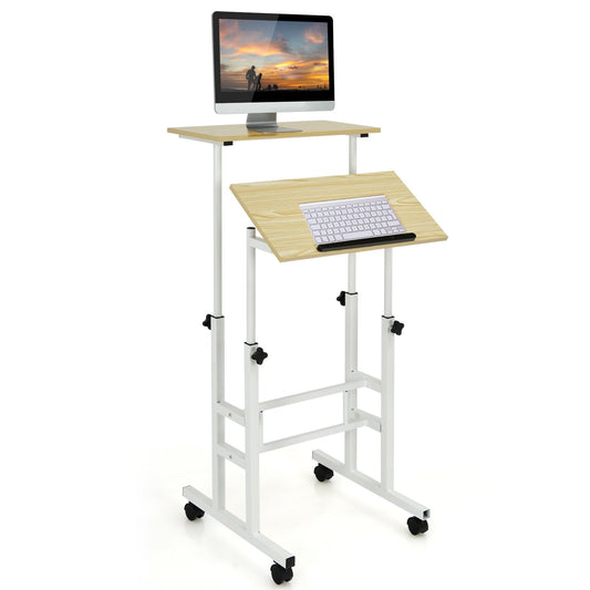 Height Adjustable Mobile Standing Desk with rolling wheels for office and home, Natural