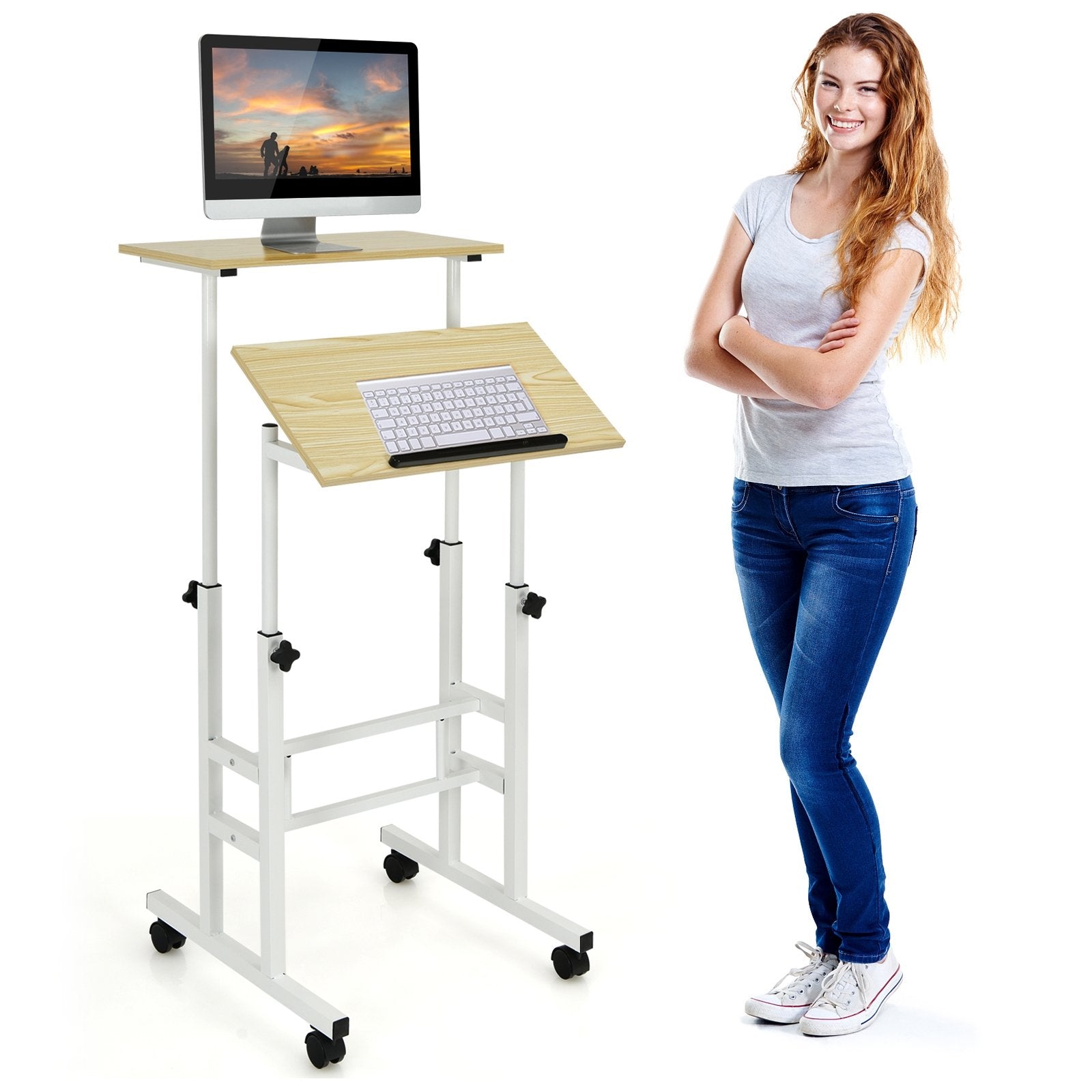 Height Adjustable Mobile Standing Desk with rolling wheels for office and home, Natural at Gallery Canada