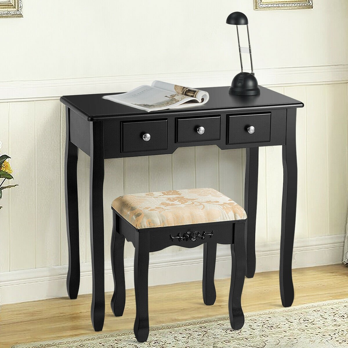 Vanity Make Up Table Set Dressing Table Set with 5 Drawers, Black at Gallery Canada