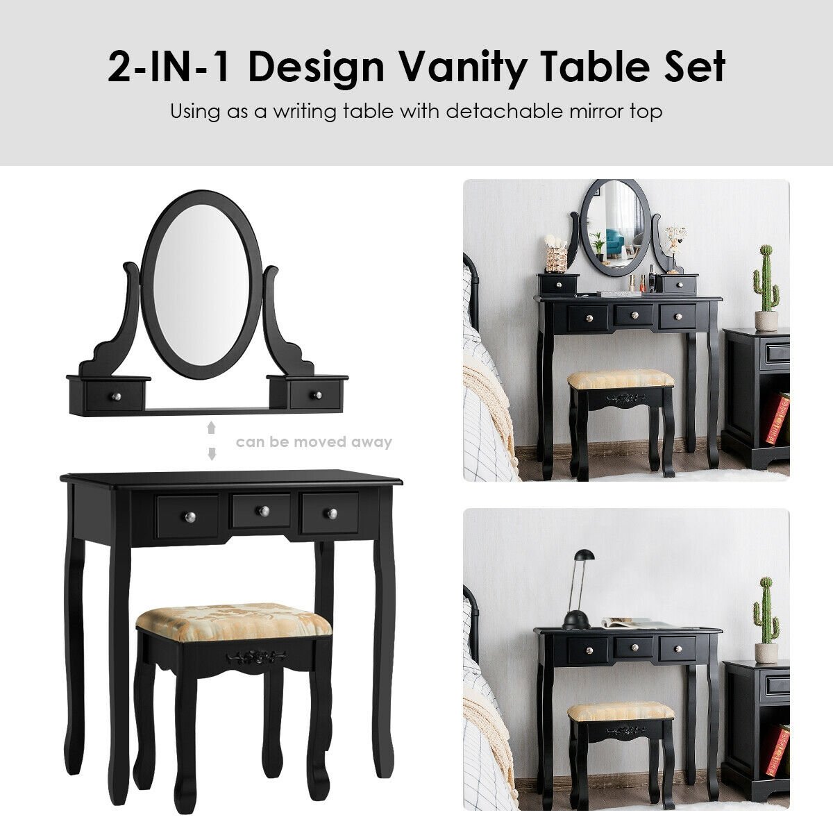 Vanity Make Up Table Set Dressing Table Set with 5 Drawers, Black at Gallery Canada