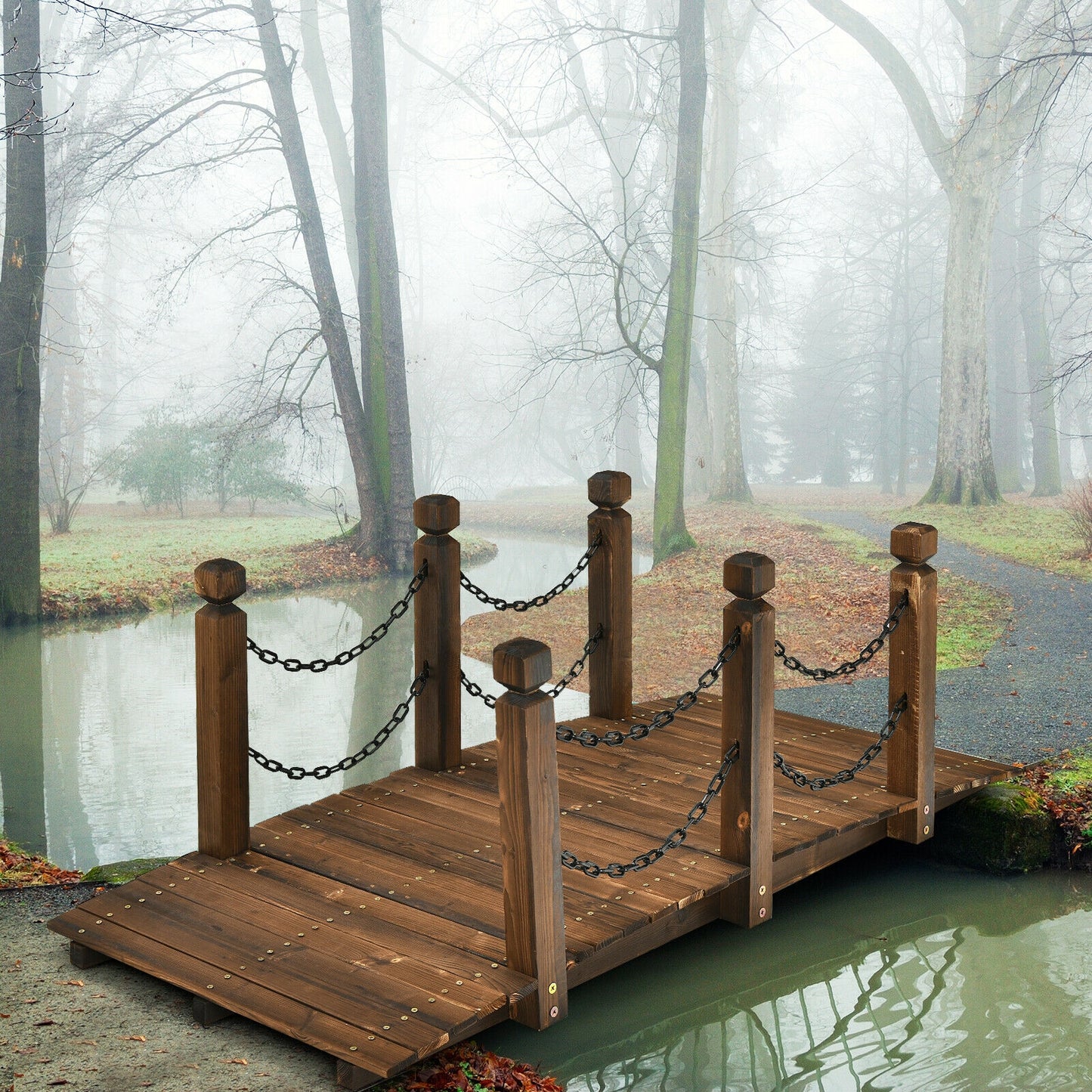 5 Feet Wooden Garden Bridge Arc Footbridge Stained Finish Walkway with Safety Rails - Gallery Canada