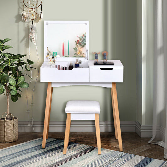 Wooden Vanity Table With Flip Top Mirror, Cushioned Stool, White