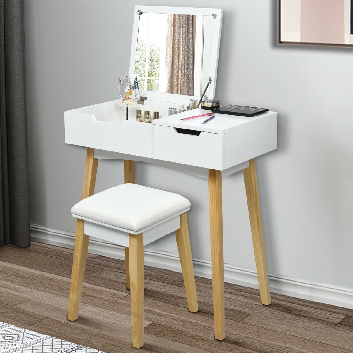 Wooden Vanity Table with Flip Top Mirror and Cushioned Stool, White at Gallery Canada