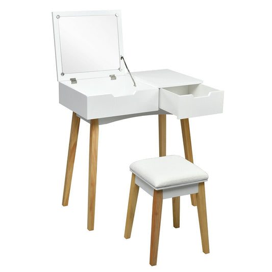 Wooden Vanity Table with Flip Top Mirror and Cushioned Stool, White