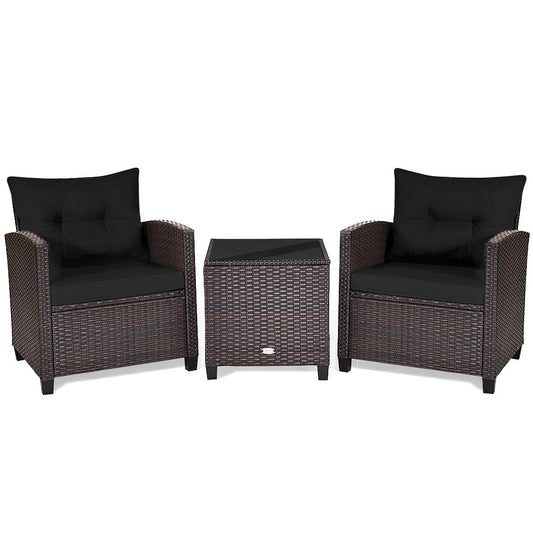 3 Pieces Cushioned Rattan Patio Conversation Set with Coffee Table, Black