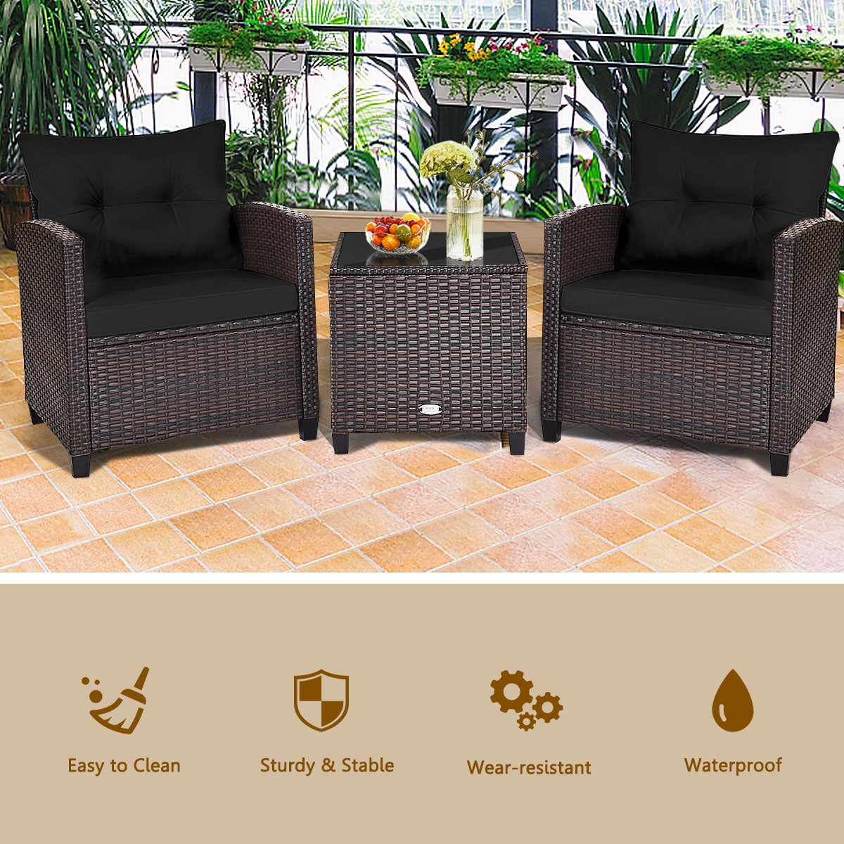 3 Pieces Cushioned Rattan Patio Conversation Set with Coffee Table, Black Patio Conversation Sets at Gallery Canada