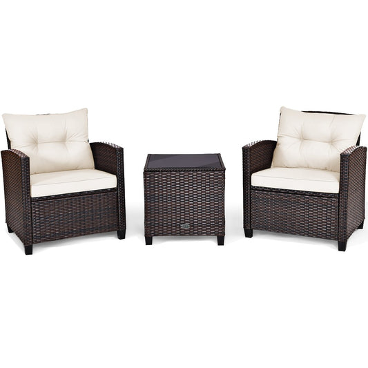 3 Pieces Cushioned Rattan Patio Conversation Set with Coffee Table, White