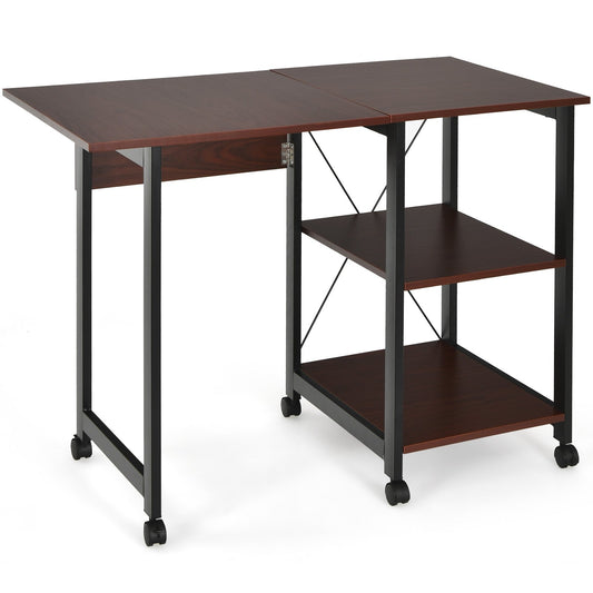 Rolling Folding Computer Desk with Storage Shelves, Brown at Gallery Canada