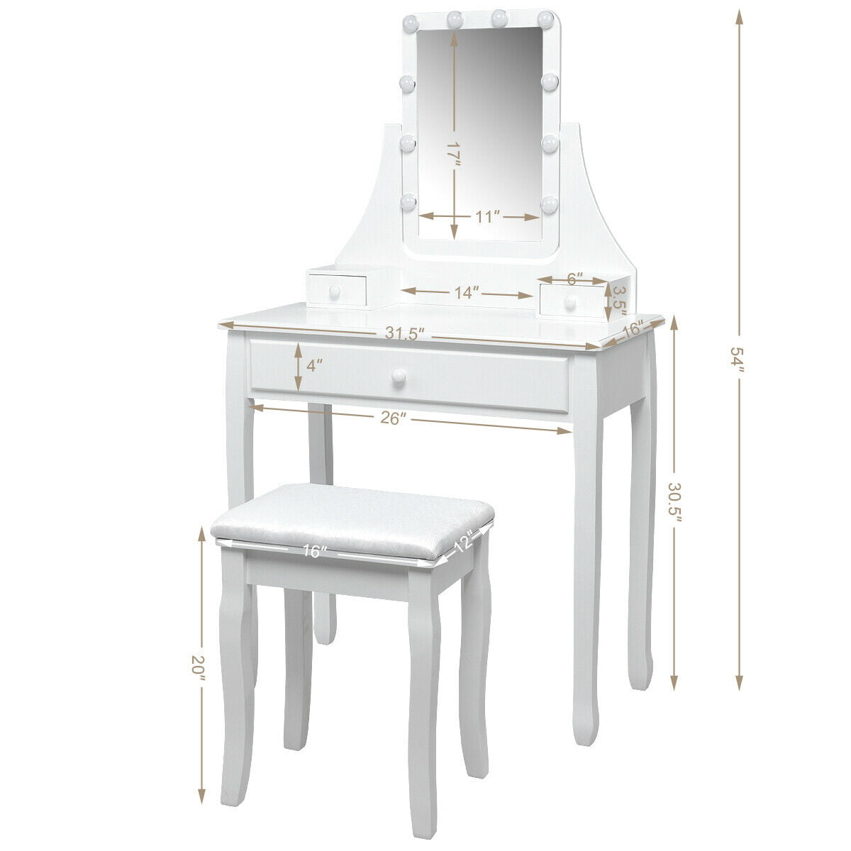 10 LED Lighted Mirror, 3 Drawers Vanity Table Set, White Makeup Vanities at Gallery Canada