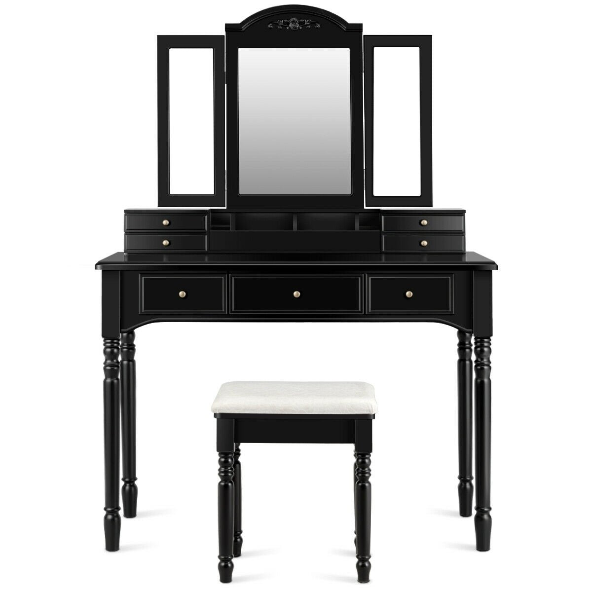 Makeup Dressing Table with Tri-Folding Mirror and Cushioned Stool for Women, Black