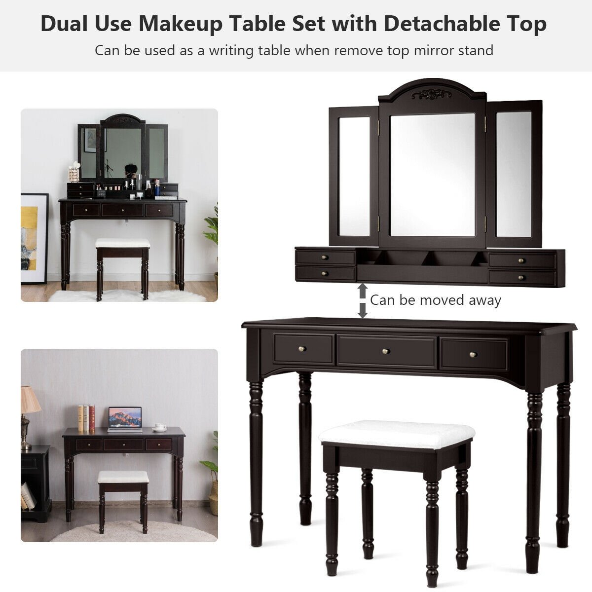 Makeup Dressing Table with Tri-Folding Mirror and Cushioned Stool for Women, Brown