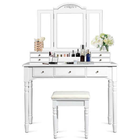 Makeup Dressing Table with Tri-Folding Mirror and Cushioned Stool for Women, White