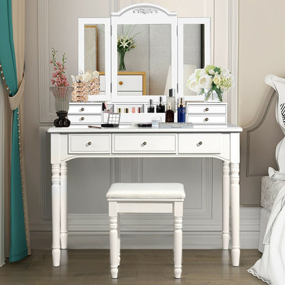 Makeup Dressing Table with Tri-Folding Mirror and Cushioned Stool for Women, White at Gallery Canada