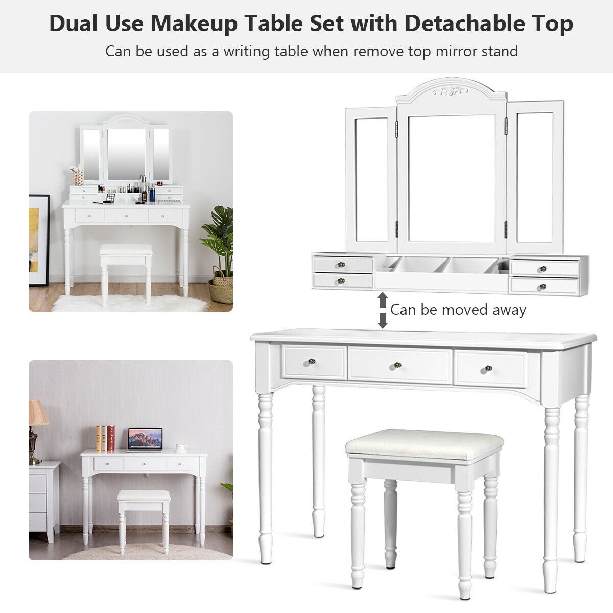 Makeup Dressing Table with Tri-Folding Mirror and Cushioned Stool for Women, White at Gallery Canada