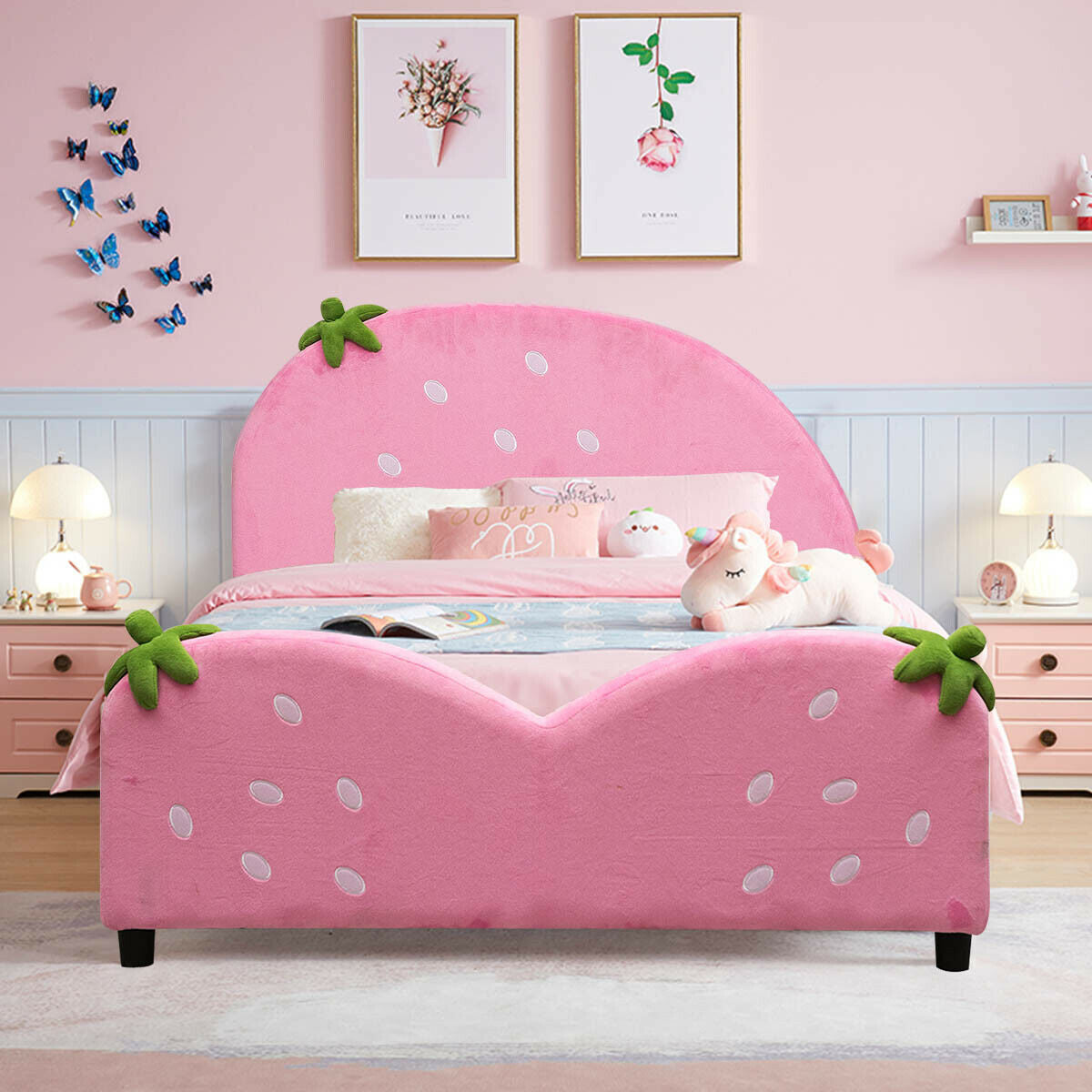Kids Children Upholstered Berry Pattern Toddler Bed, Pink Toddler Beds at Gallery Canada