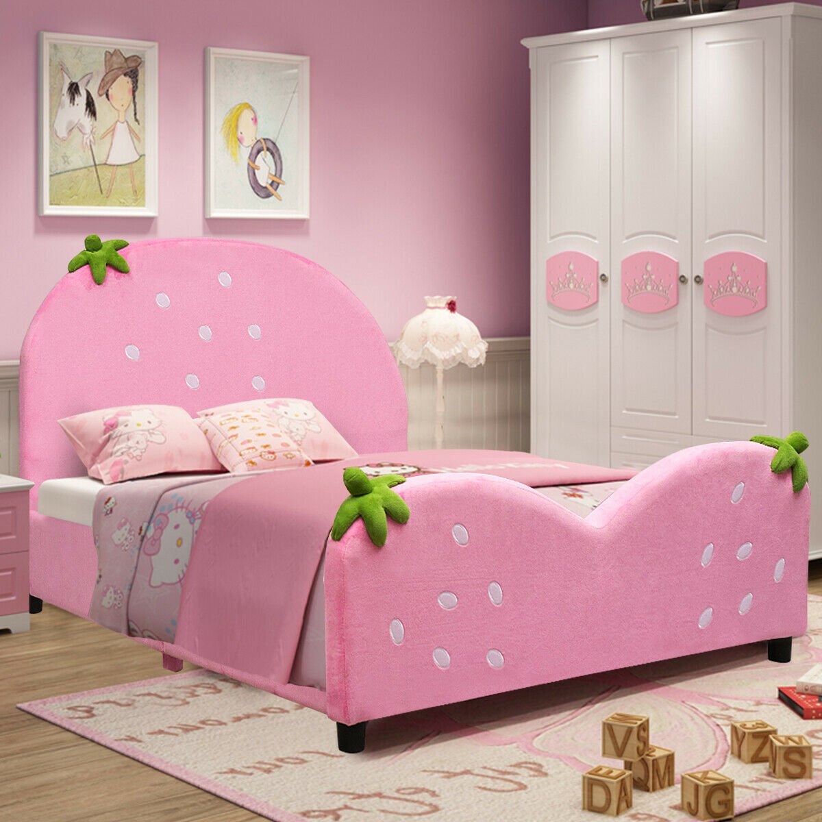 Kids Children Upholstered Berry Pattern Toddler Bed, Pink
