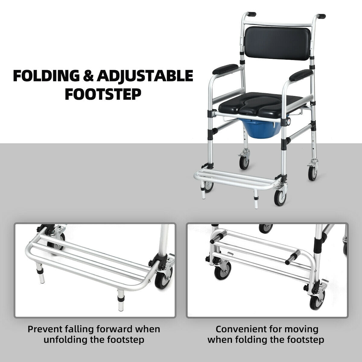 2-in-1 Aluminum Commode Shower Wheelchair with Locking Casters, Black Walkers & Rollators at Gallery Canada