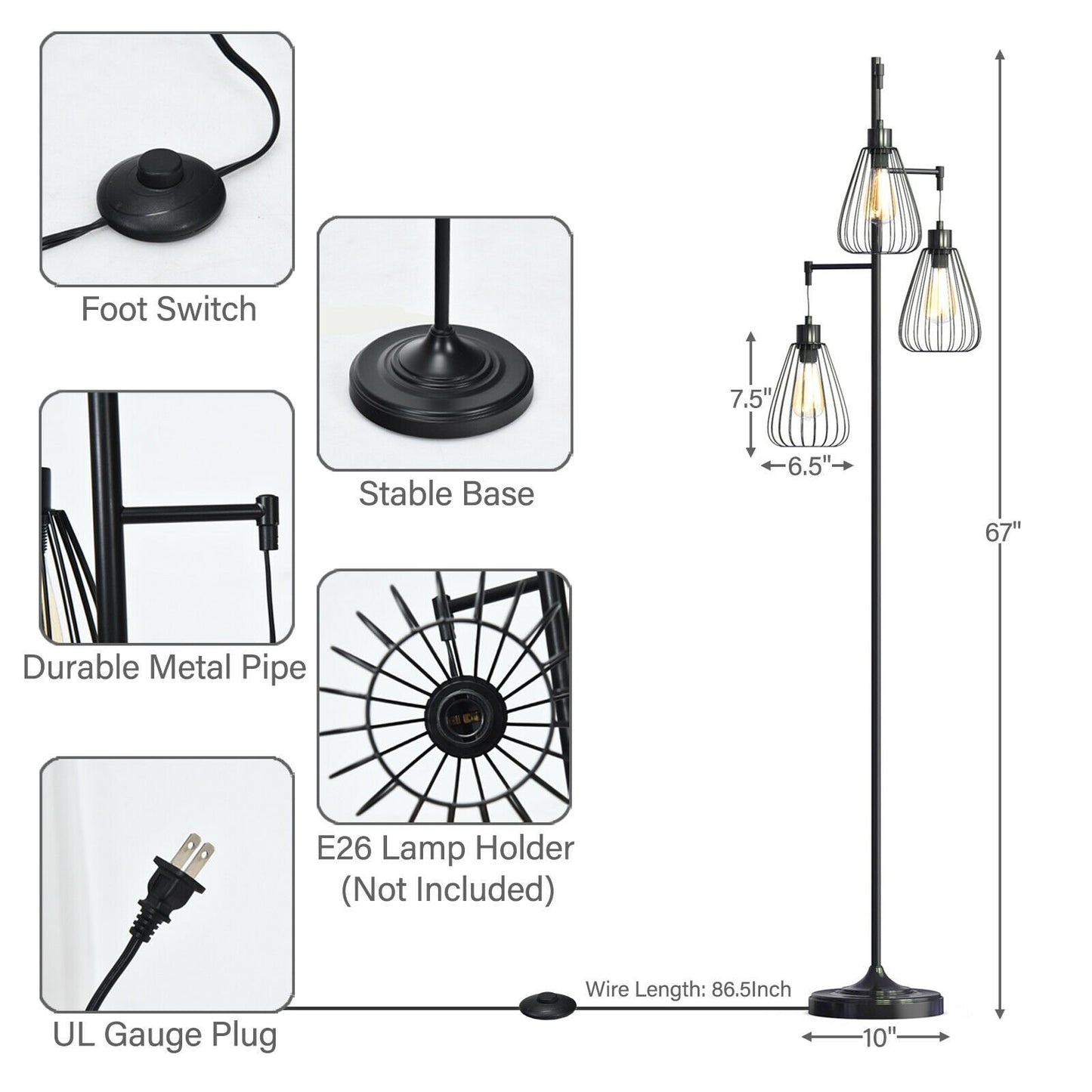 67 Inch Industrial 3-Light Floor Lamp Tree, Black