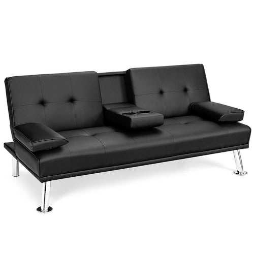 Convertible Folding Leather Futon Sofa with Cup Holders and Armrests, Black