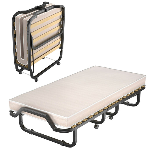 79 x 36 Inch Folding Rollaway Bed with Memory Foam Mattress, Black & White