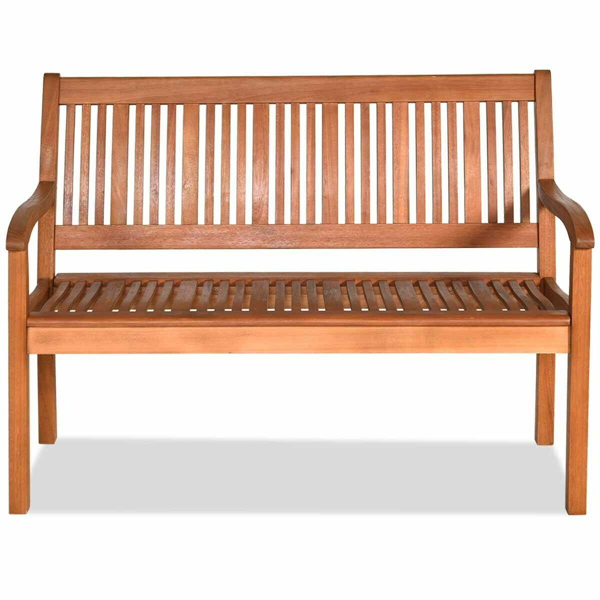 Two Person Solid Wood Garden Bench, Curved Backrest, Wide Armrest, Natural Outdoor Benches at Gallery Canada